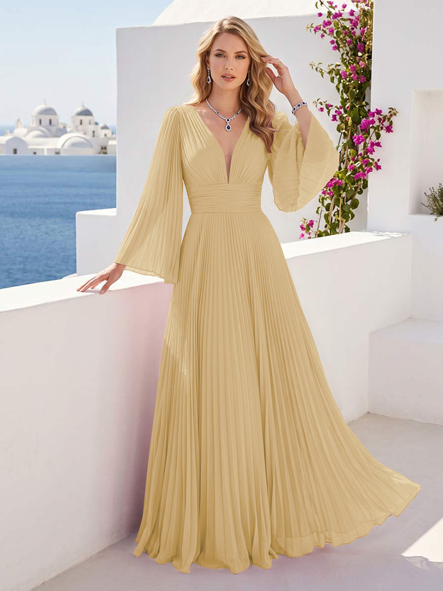 A-Line/Princess Long Sleeves V-Neck Floor Length Bridesmaid Dresses with Pleats