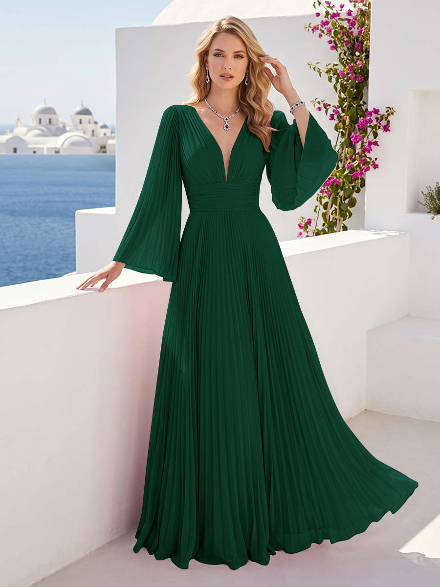 A-Line/Princess Long Sleeves V-Neck Floor Length Bridesmaid Dresses with Pleats