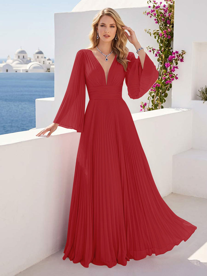 A-Line/Princess Long Sleeves V-Neck Floor Length Bridesmaid Dresses with Pleats