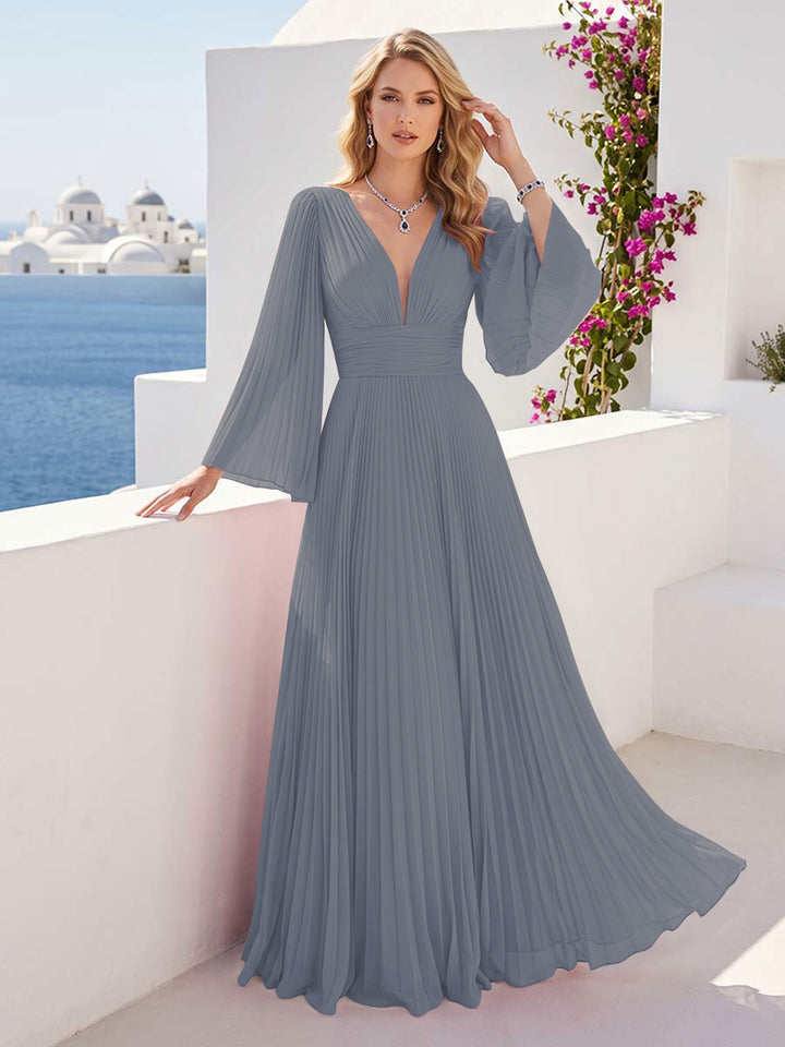 A-Line/Princess Long Sleeves V-Neck Floor Length Bridesmaid Dresses with Pleats