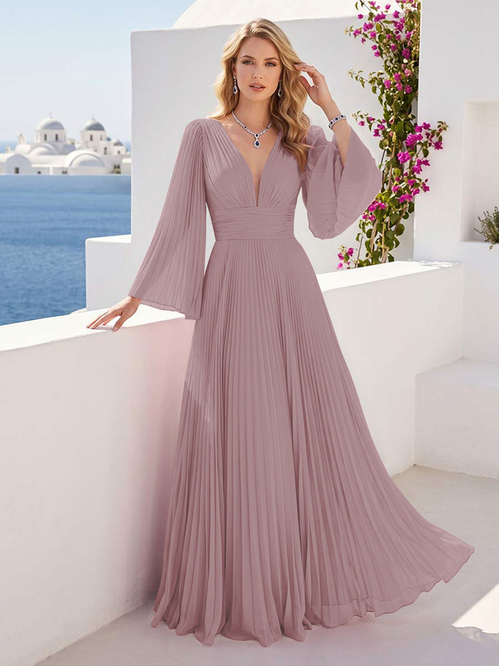 A-Line/Princess Long Sleeves V-Neck Floor Length Bridesmaid Dresses with Pleats
