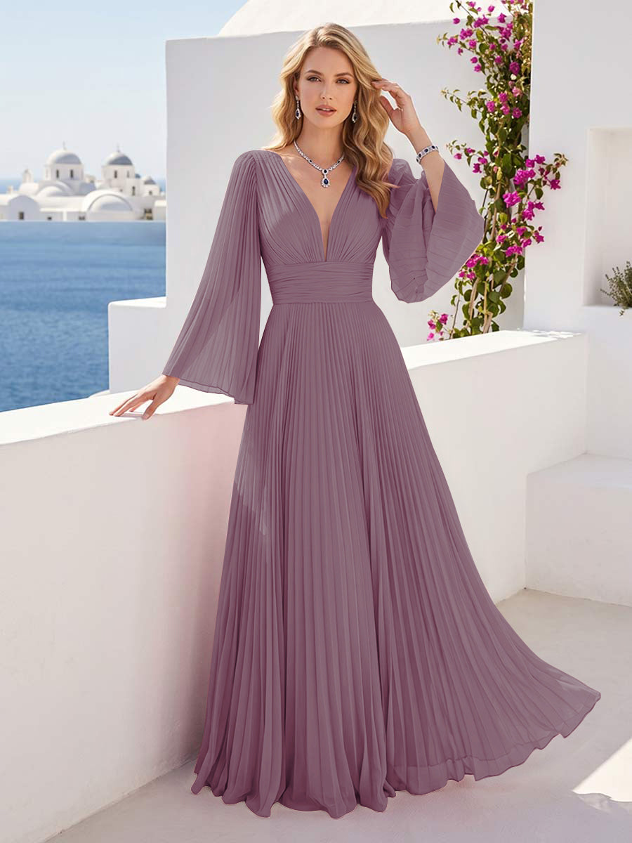 A-Line/Princess Long Sleeves V-Neck Floor Length Bridesmaid Dresses with Pleats