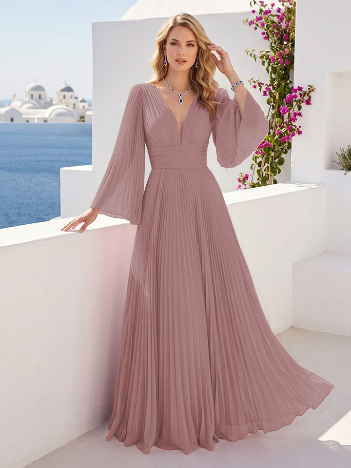 A-Line/Princess Long Sleeves V-Neck Floor Length Bridesmaid Dresses with Pleats