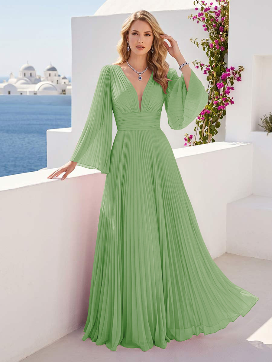 A-Line/Princess Long Sleeves V-Neck Floor Length Bridesmaid Dresses with Pleats