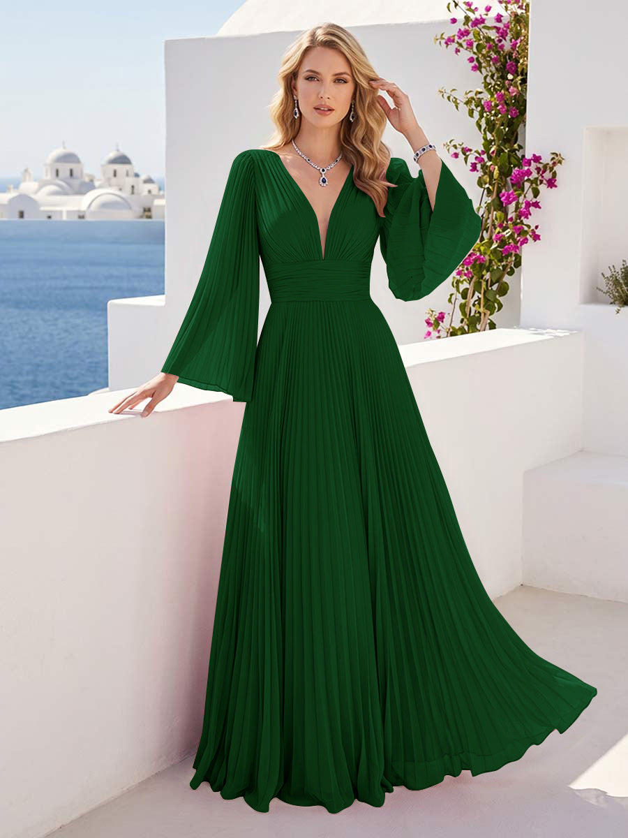 A-Line/Princess Long Sleeves V-Neck Floor Length Bridesmaid Dresses with Pleats