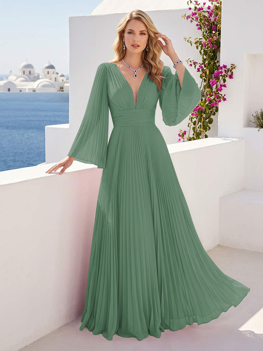 A-Line/Princess Long Sleeves V-Neck Floor Length Bridesmaid Dresses with Pleats