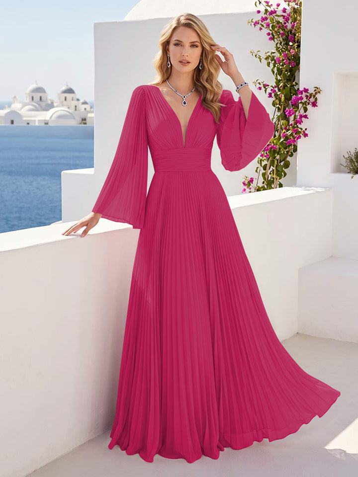 A-Line/Princess Long Sleeves V-Neck Floor Length Bridesmaid Dresses with Pleats