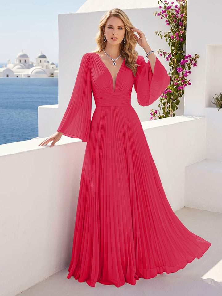 A-Line/Princess Long Sleeves V-Neck Floor Length Bridesmaid Dresses with Pleats