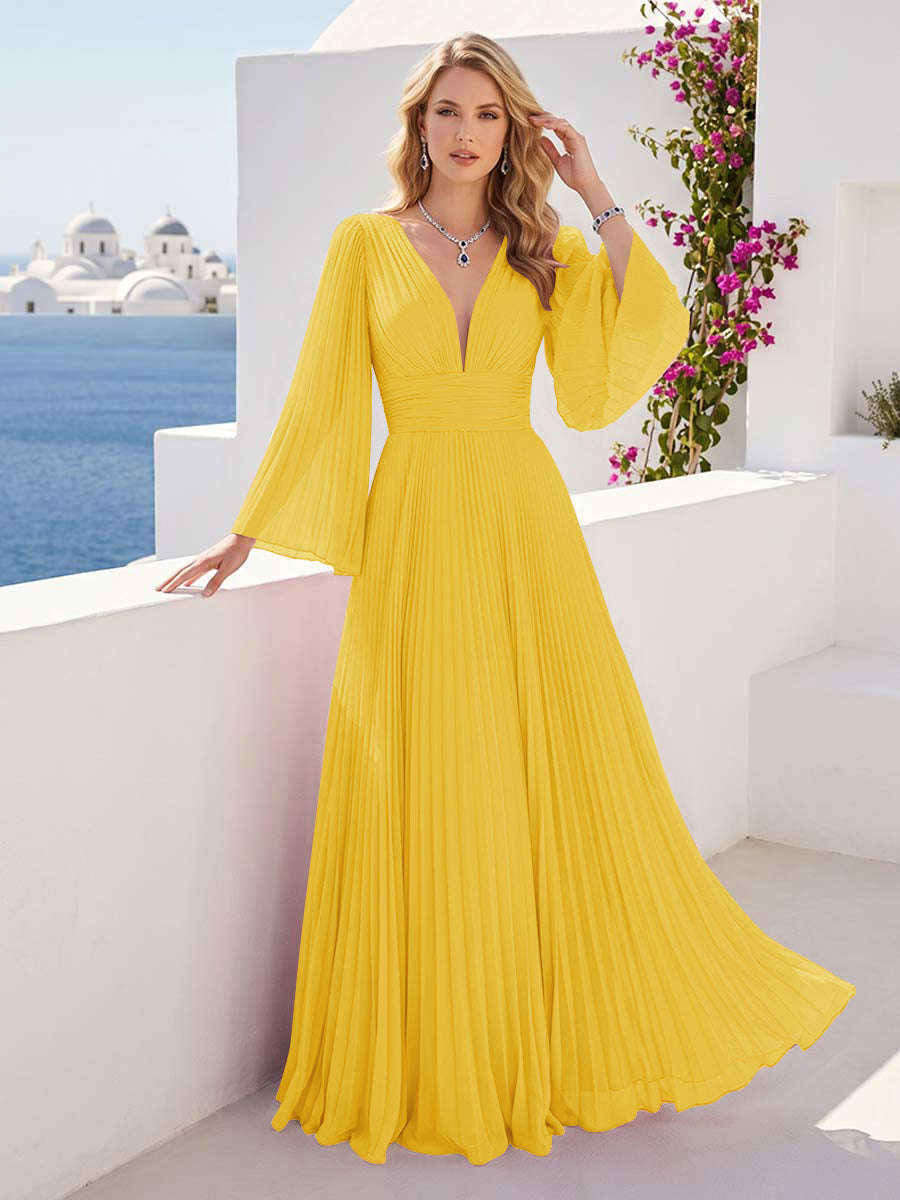 A-Line/Princess Long Sleeves V-Neck Floor Length Bridesmaid Dresses with Pleats
