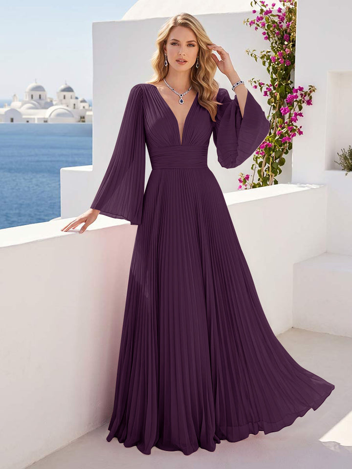 A-Line/Princess Long Sleeves V-Neck Floor Length Bridesmaid Dresses with Pleats