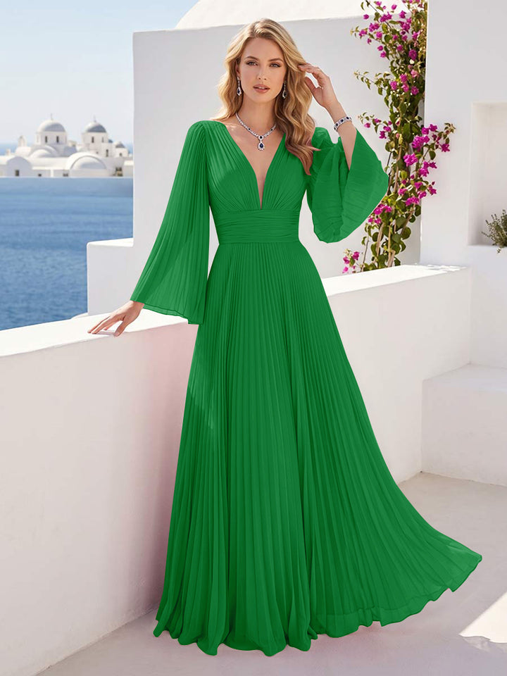 A-Line/Princess Long Sleeves V-Neck Floor Length Bridesmaid Dresses with Pleats