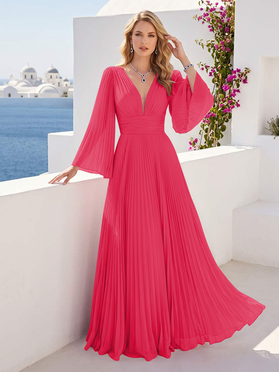 A-Line/Princess Long Sleeves V-Neck Floor Length Bridesmaid Dresses with Pleats