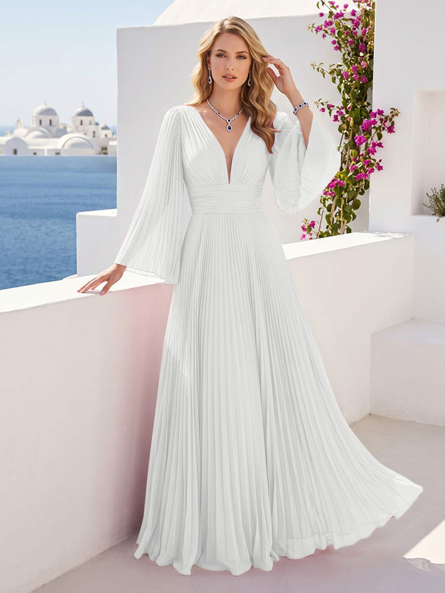 A-Line/Princess Long Sleeves V-Neck Floor Length Bridesmaid Dresses with Pleats