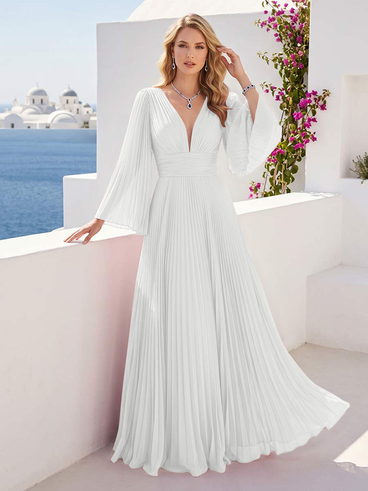 A-Line/Princess Long Sleeves V-Neck Floor Length Bridesmaid Dresses with Pleats