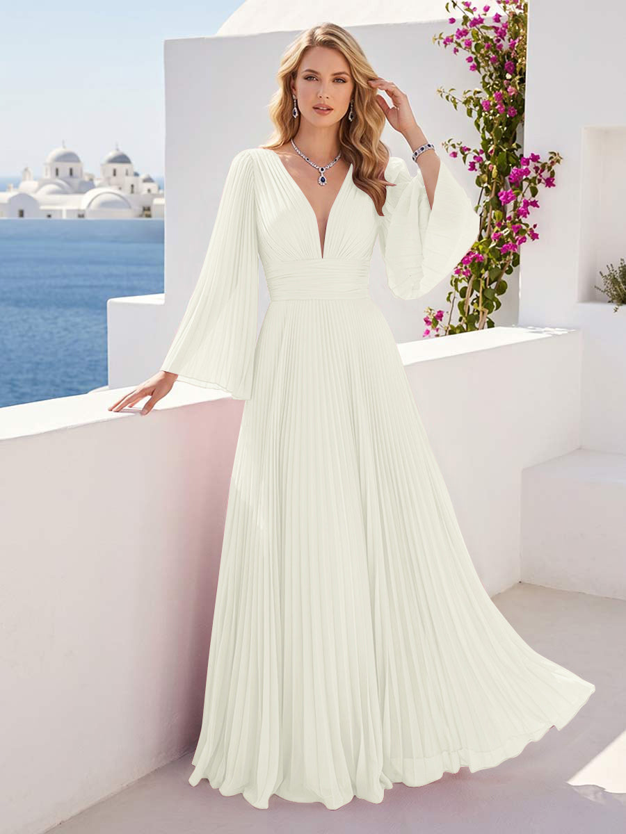 A-Line/Princess Long Sleeves V-Neck Floor Length Bridesmaid Dresses with Pleats