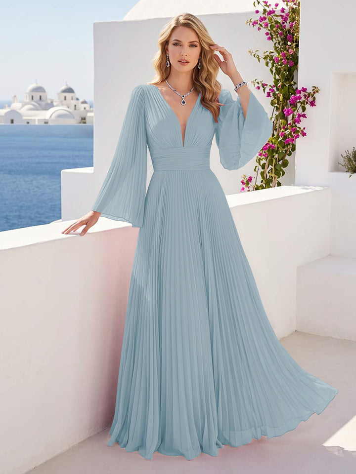 A-Line/Princess Long Sleeves V-Neck Floor Length Bridesmaid Dresses with Pleats