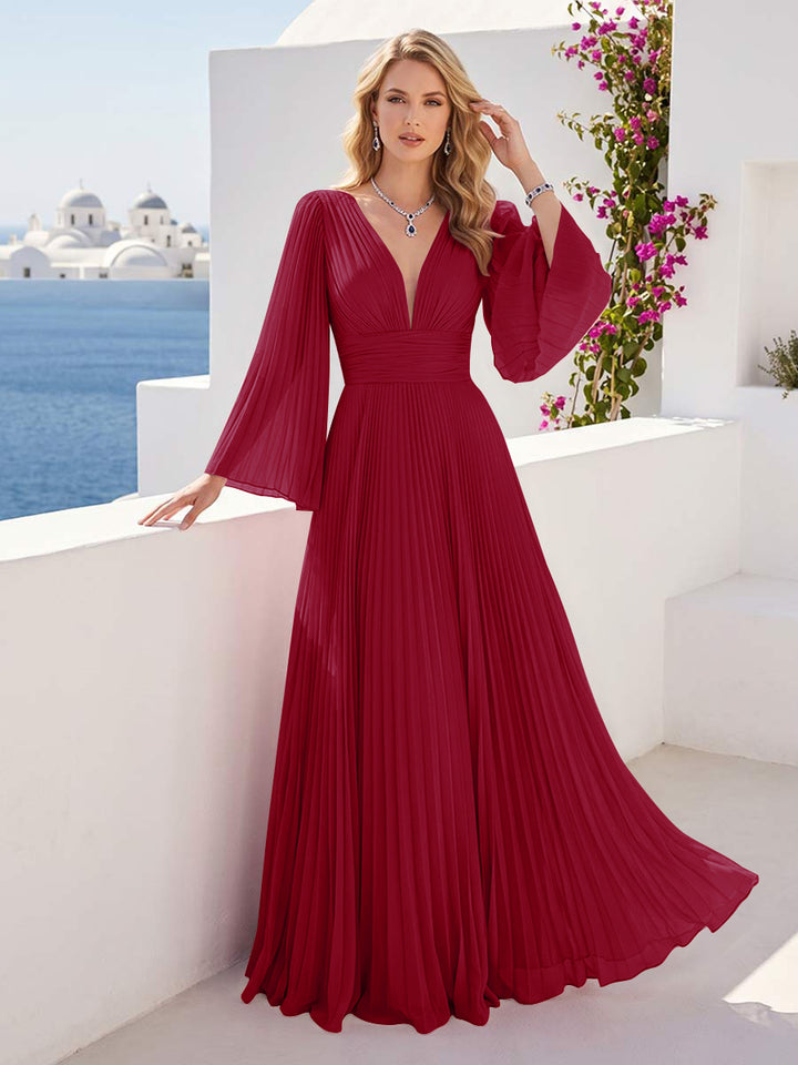 A-Line/Princess Long Sleeves V-Neck Floor Length Bridesmaid Dresses with Pleats