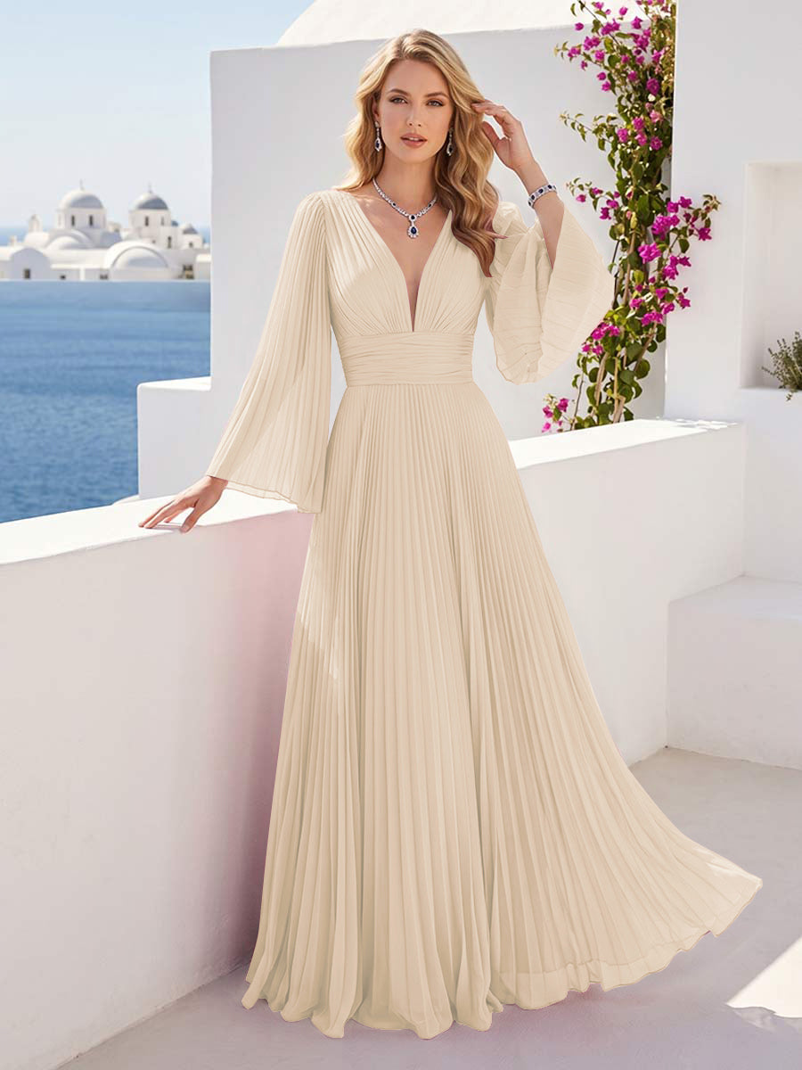 A-Line/Princess Long Sleeves V-Neck Floor Length Bridesmaid Dresses with Pleats