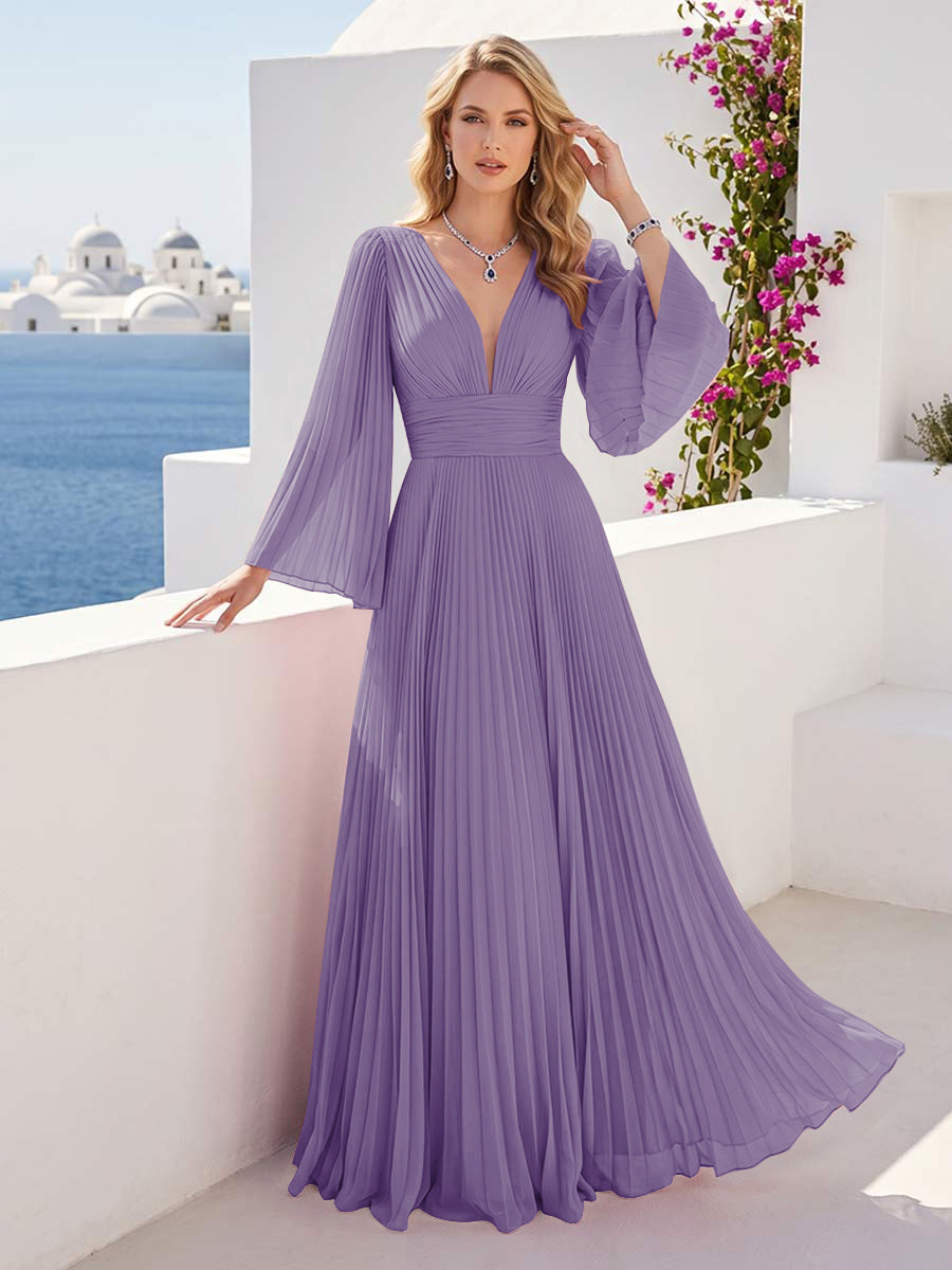 A-Line/Princess Long Sleeves V-Neck Floor Length Bridesmaid Dresses with Pleats