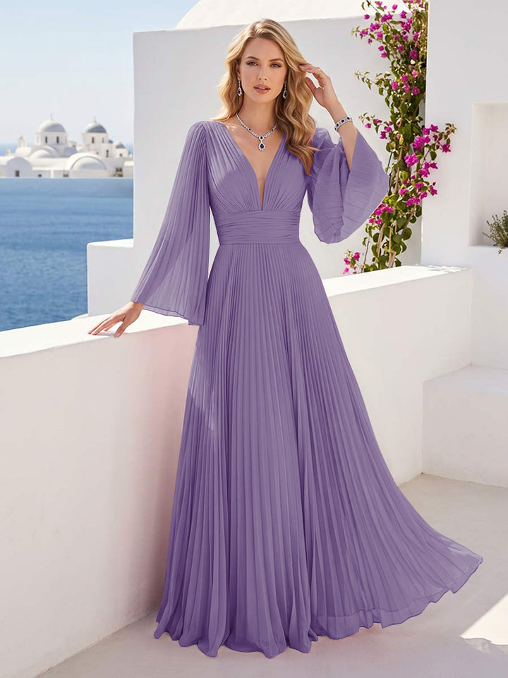 A-Line/Princess Long Sleeves V-Neck Floor Length Bridesmaid Dresses with Pleats