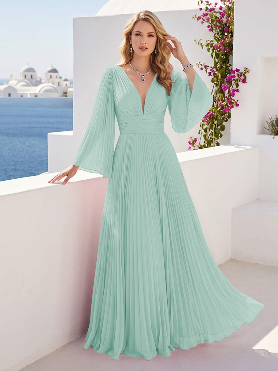 A-Line/Princess Long Sleeves V-Neck Floor Length Bridesmaid Dresses with Pleats