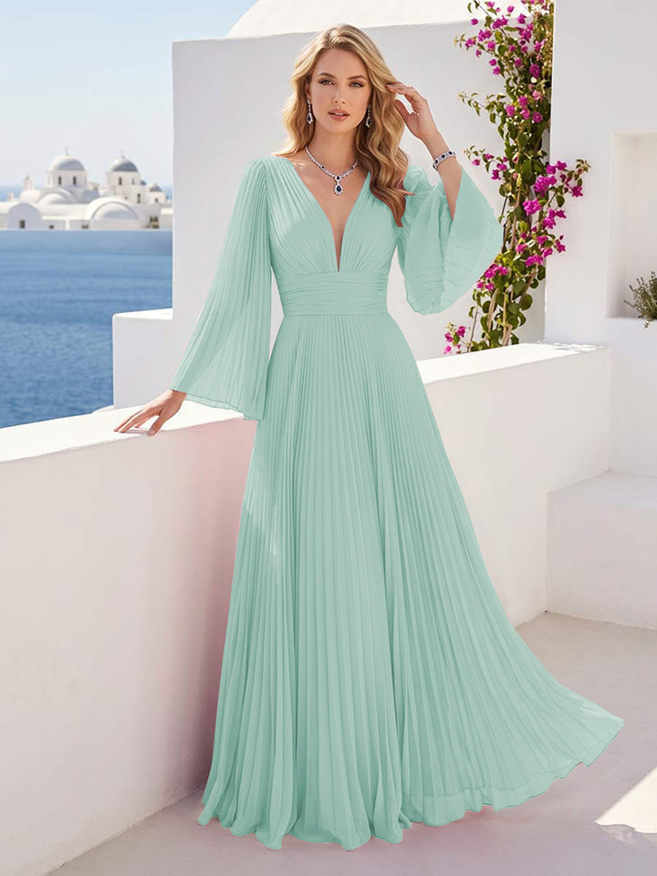 A-Line/Princess Long Sleeves V-Neck Floor Length Bridesmaid Dresses with Pleats