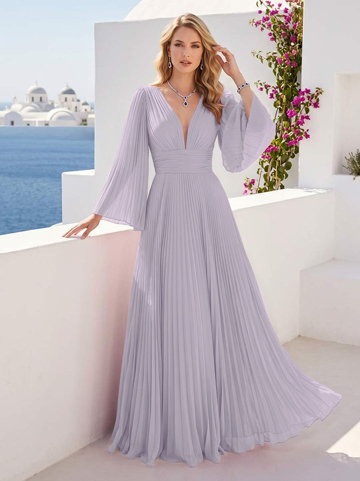 A-Line/Princess Long Sleeves V-Neck Floor Length Bridesmaid Dresses with Pleats