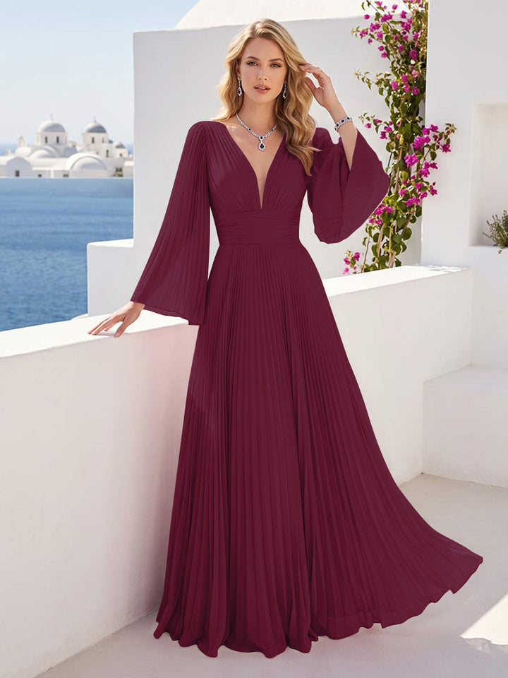 A-Line/Princess Long Sleeves V-Neck Floor Length Bridesmaid Dresses with Pleats