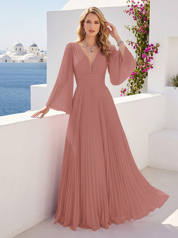A-Line/Princess Long Sleeves V-Neck Floor Length Bridesmaid Dresses with Pleats