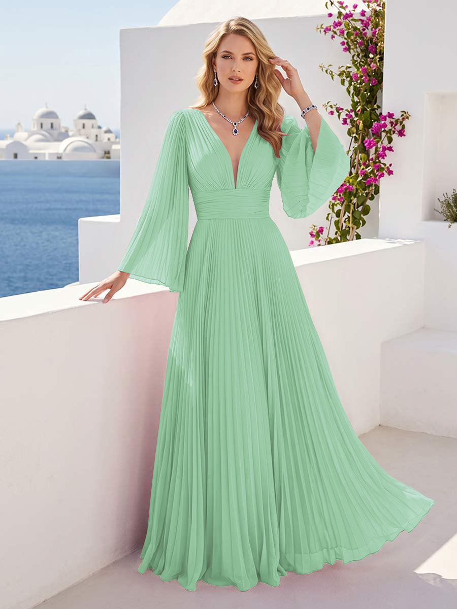 A-Line/Princess Long Sleeves V-Neck Floor Length Bridesmaid Dresses with Pleats
