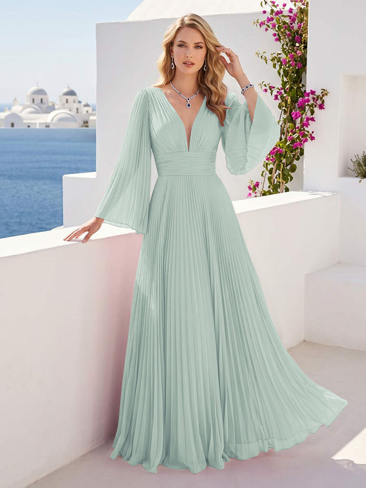 A-Line/Princess Long Sleeves V-Neck Floor Length Bridesmaid Dresses with Pleats