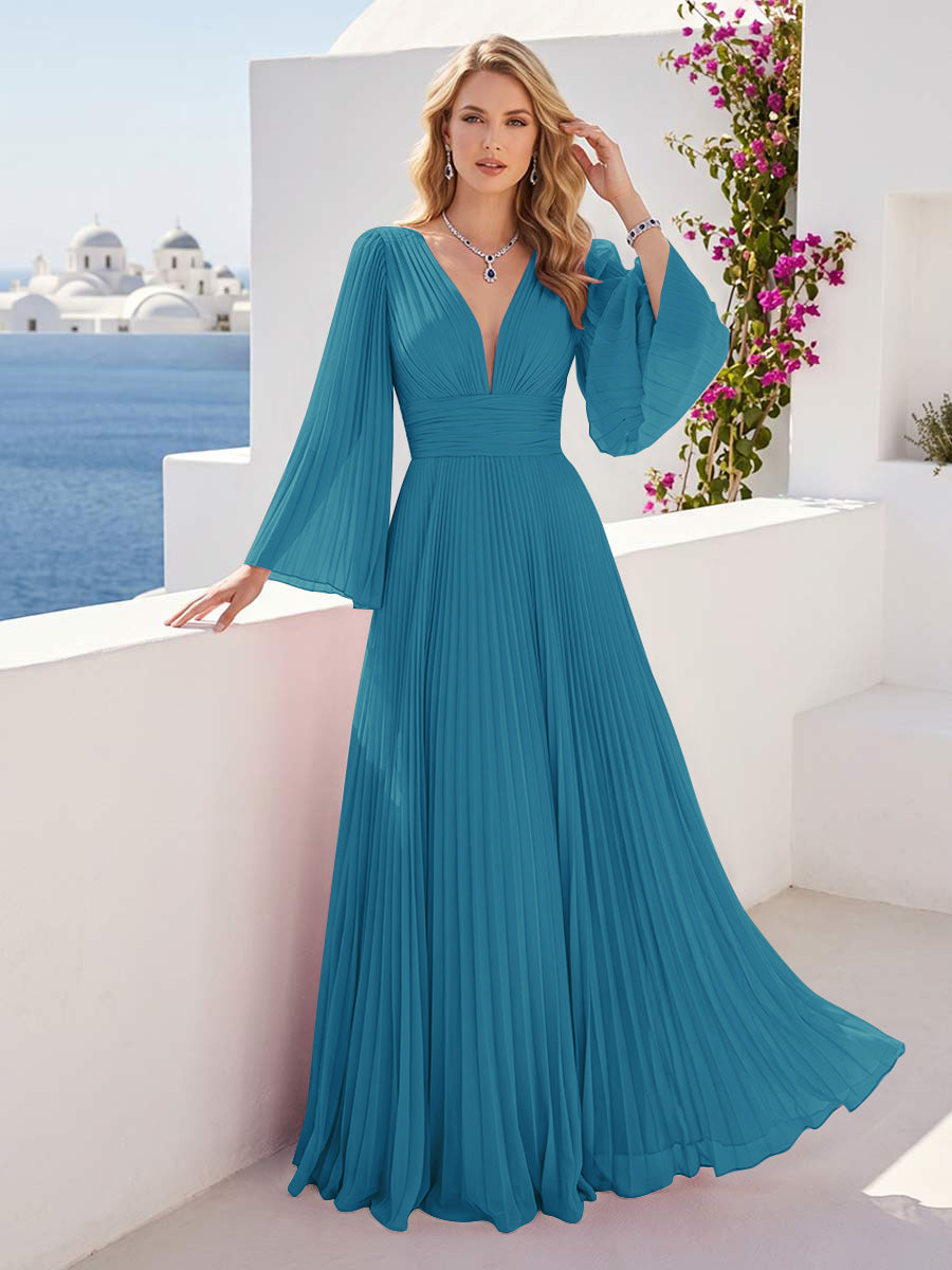 A-Line/Princess Long Sleeves V-Neck Floor Length Bridesmaid Dresses with Pleats