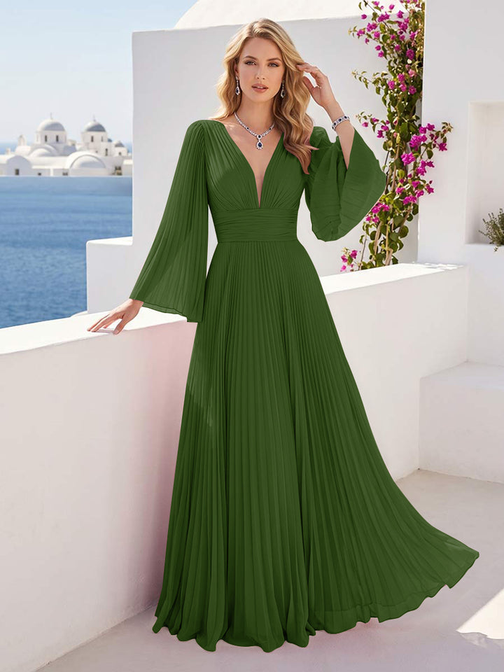 A-Line/Princess Long Sleeves V-Neck Floor Length Bridesmaid Dresses with Pleats
