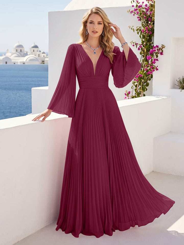A-Line/Princess Long Sleeves V-Neck Floor Length Bridesmaid Dresses with Pleats