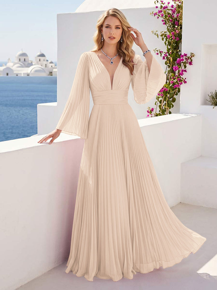 A-Line/Princess Long Sleeves V-Neck Floor Length Bridesmaid Dresses with Pleats