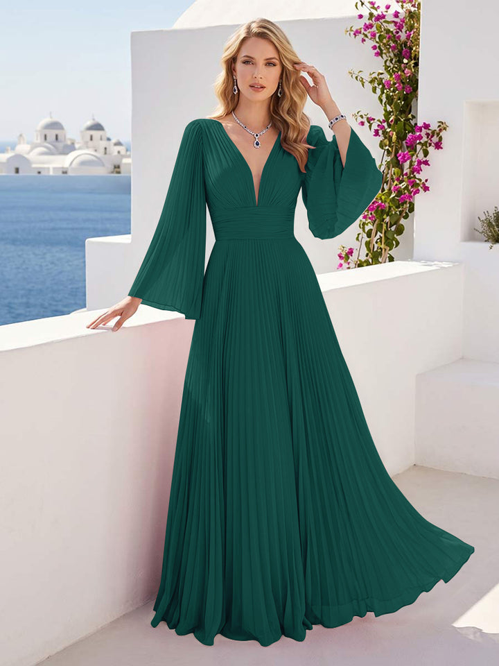 A-Line/Princess Long Sleeves V-Neck Floor Length Bridesmaid Dresses with Pleats