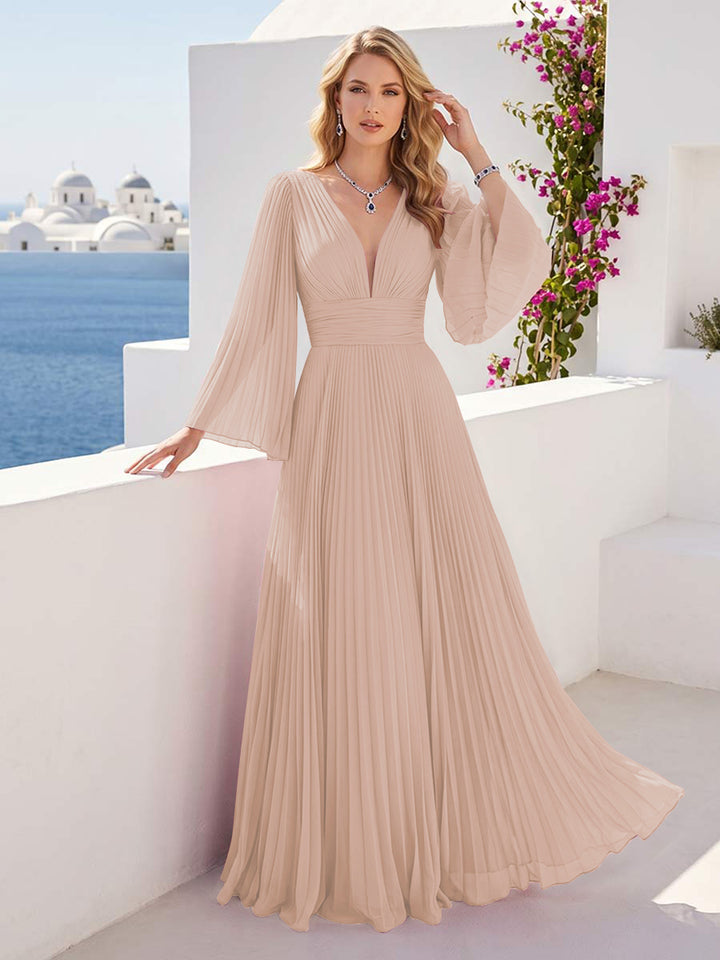 A-Line/Princess Long Sleeves V-Neck Floor Length Bridesmaid Dresses with Pleats