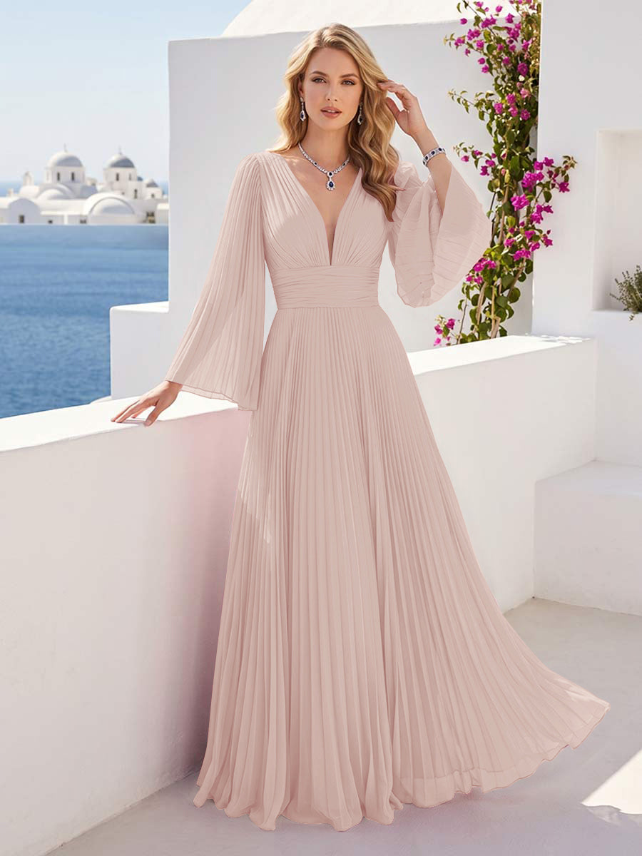A-Line/Princess Long Sleeves V-Neck Floor Length Bridesmaid Dresses with Pleats