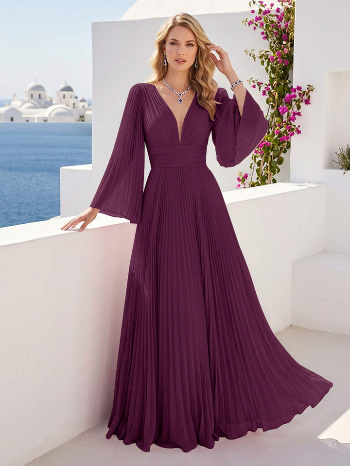 A-Line/Princess Long Sleeves V-Neck Floor Length Bridesmaid Dresses with Pleats