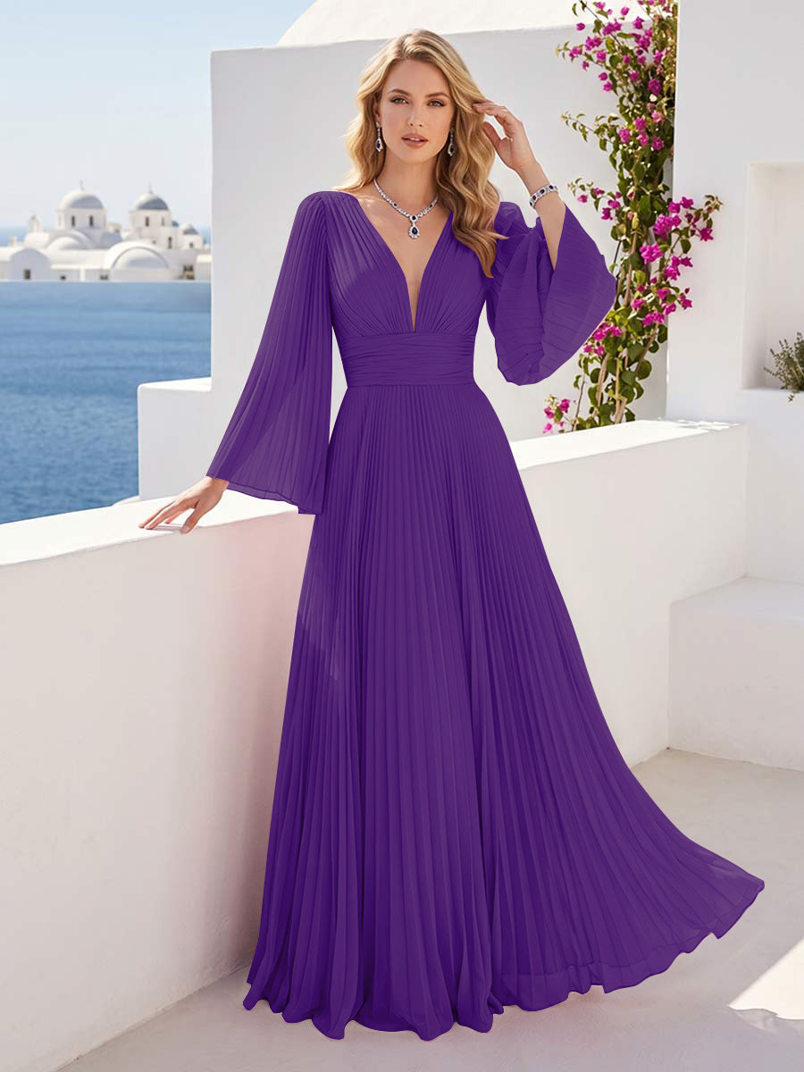 A-Line/Princess Long Sleeves V-Neck Floor Length Bridesmaid Dresses with Pleats