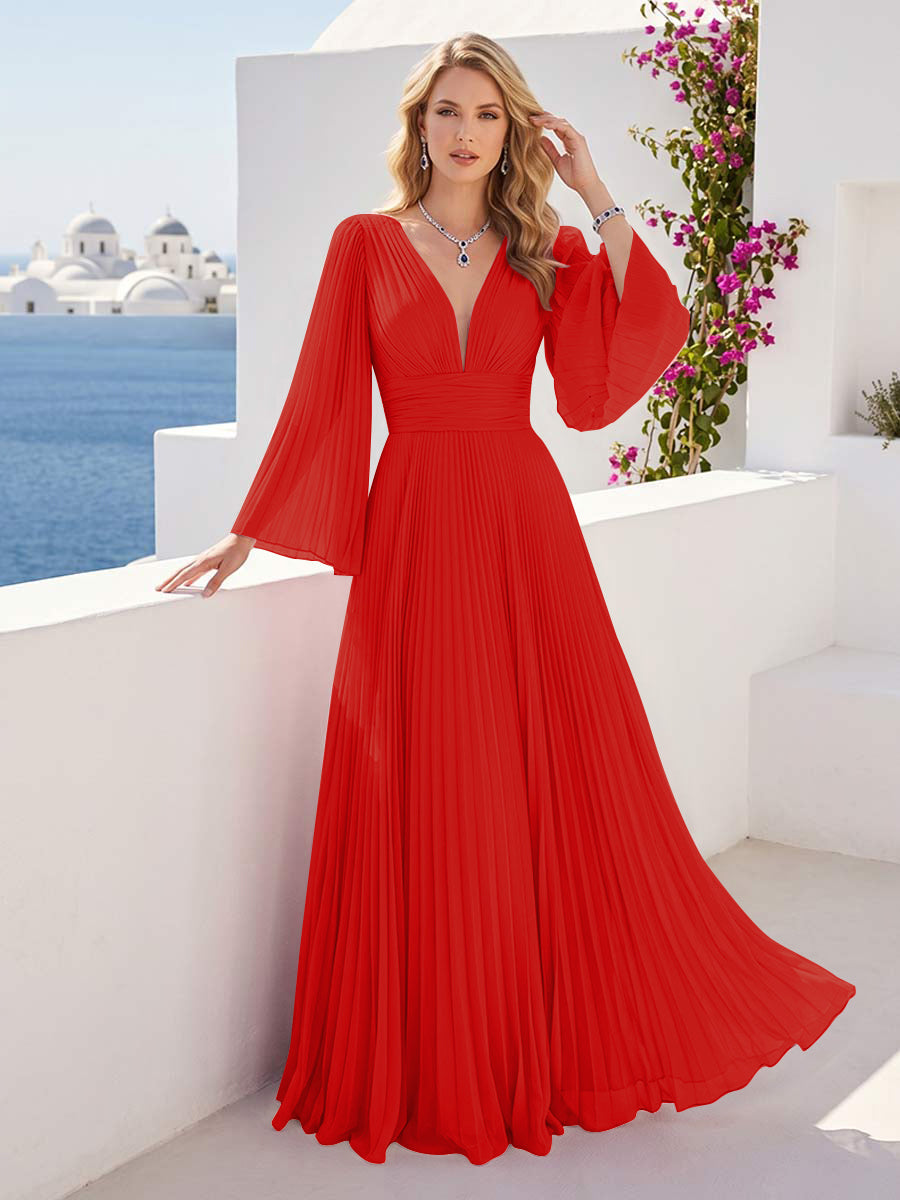 A-Line/Princess Long Sleeves V-Neck Floor Length Bridesmaid Dresses with Pleats
