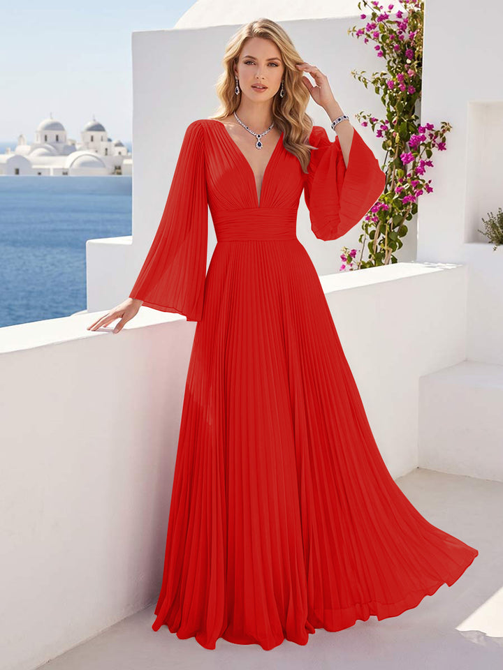 A-Line/Princess Long Sleeves V-Neck Floor Length Bridesmaid Dresses with Pleats
