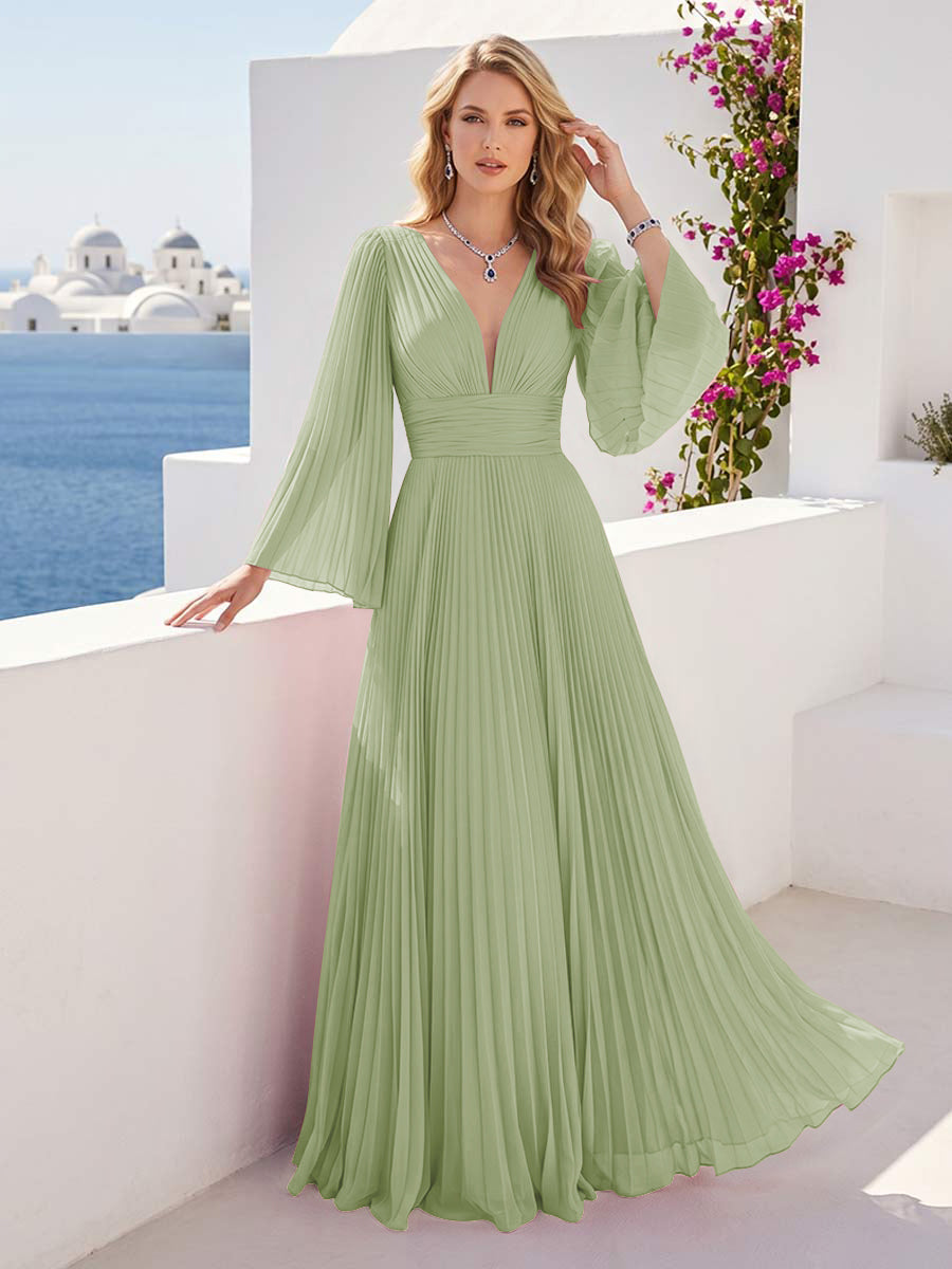 A-Line/Princess Long Sleeves V-Neck Floor Length Bridesmaid Dresses with Pleats