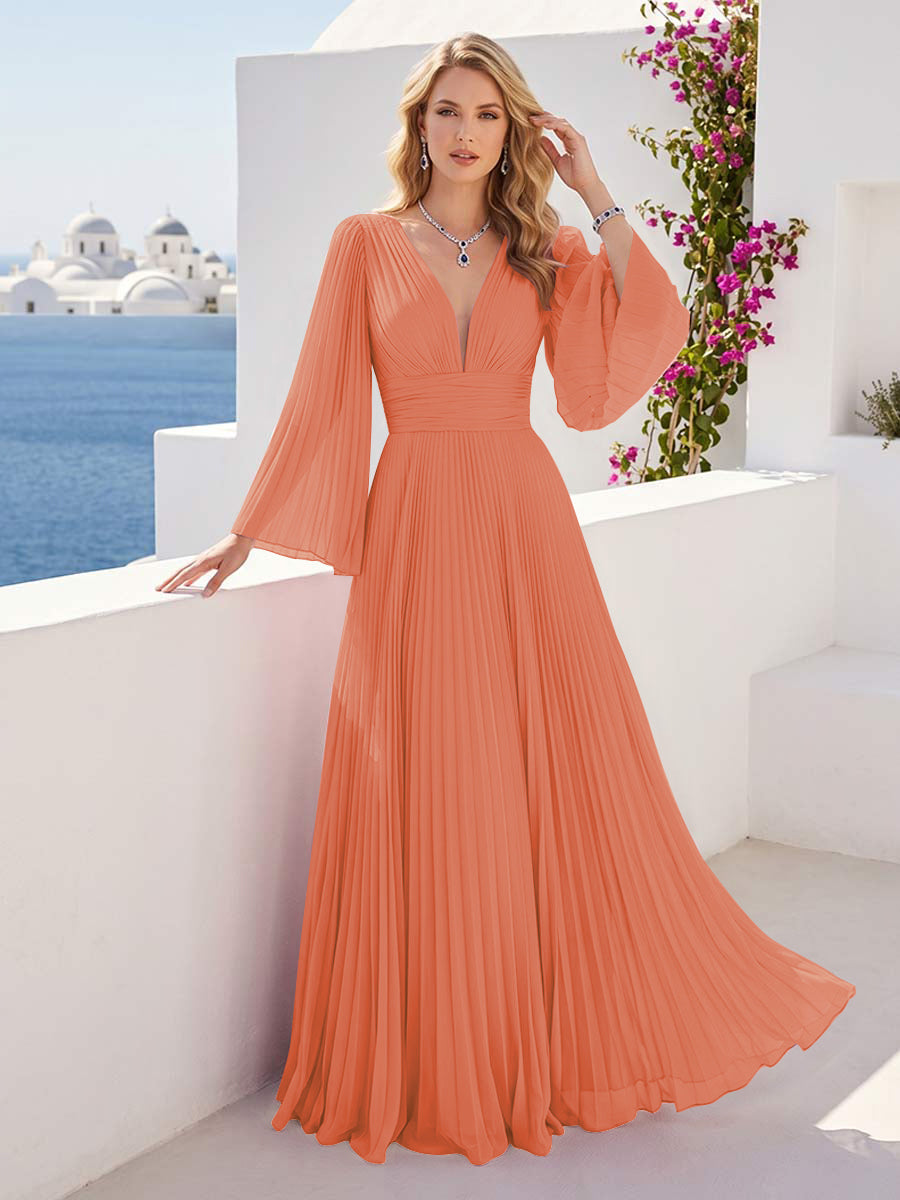 A-Line/Princess Long Sleeves V-Neck Floor Length Bridesmaid Dresses with Pleats