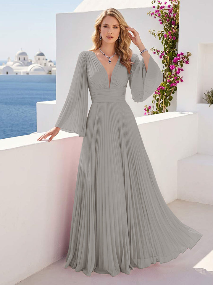 A-Line/Princess Long Sleeves V-Neck Floor Length Bridesmaid Dresses with Pleats