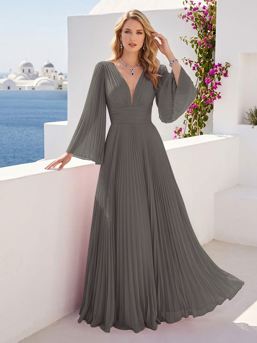 A-Line/Princess Long Sleeves V-Neck Floor Length Bridesmaid Dresses with Pleats