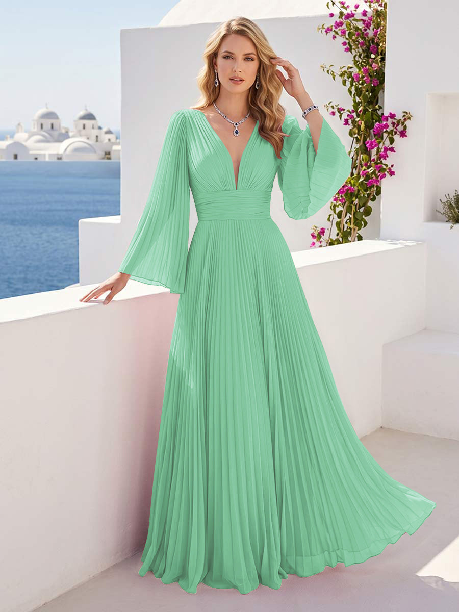 A-Line/Princess Long Sleeves V-Neck Floor Length Bridesmaid Dresses with Pleats