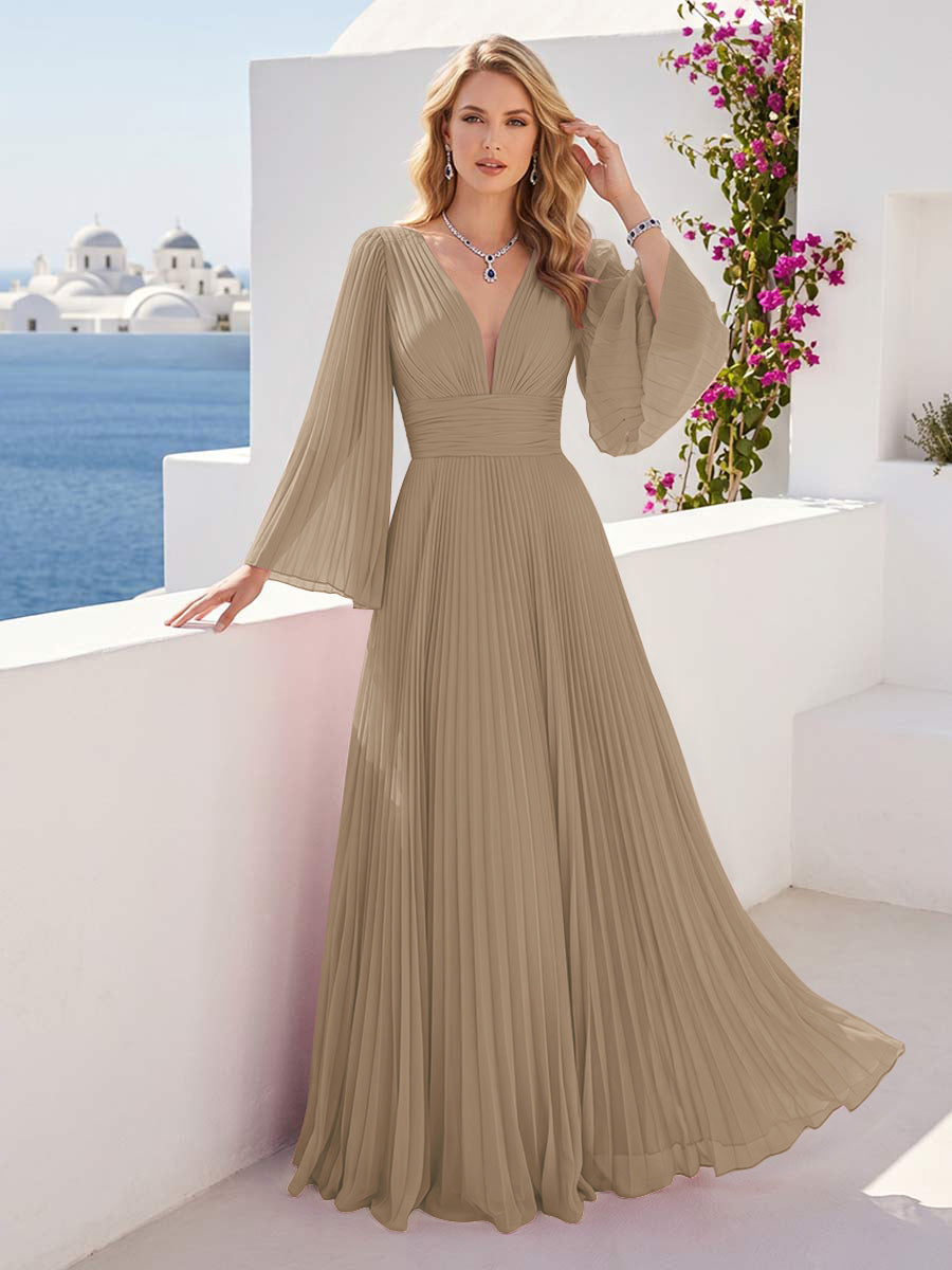 A-Line/Princess Long Sleeves V-Neck Floor Length Bridesmaid Dresses with Pleats