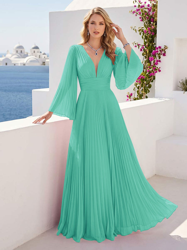 A-Line/Princess Long Sleeves V-Neck Floor Length Bridesmaid Dresses with Pleats