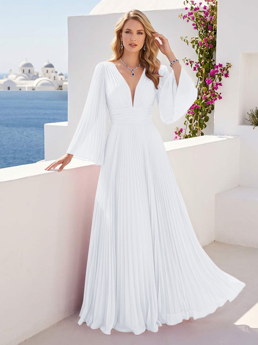 A-Line/Princess Long Sleeves V-Neck Floor Length Bridesmaid Dresses with Pleats